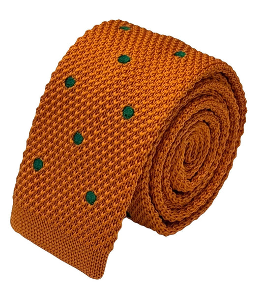 knitted tie in  bright orange with emerald green polka dots