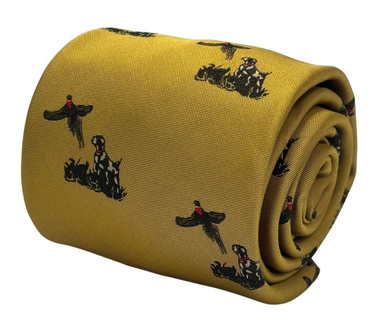 mustard tie with hunting dog and  pheasant design