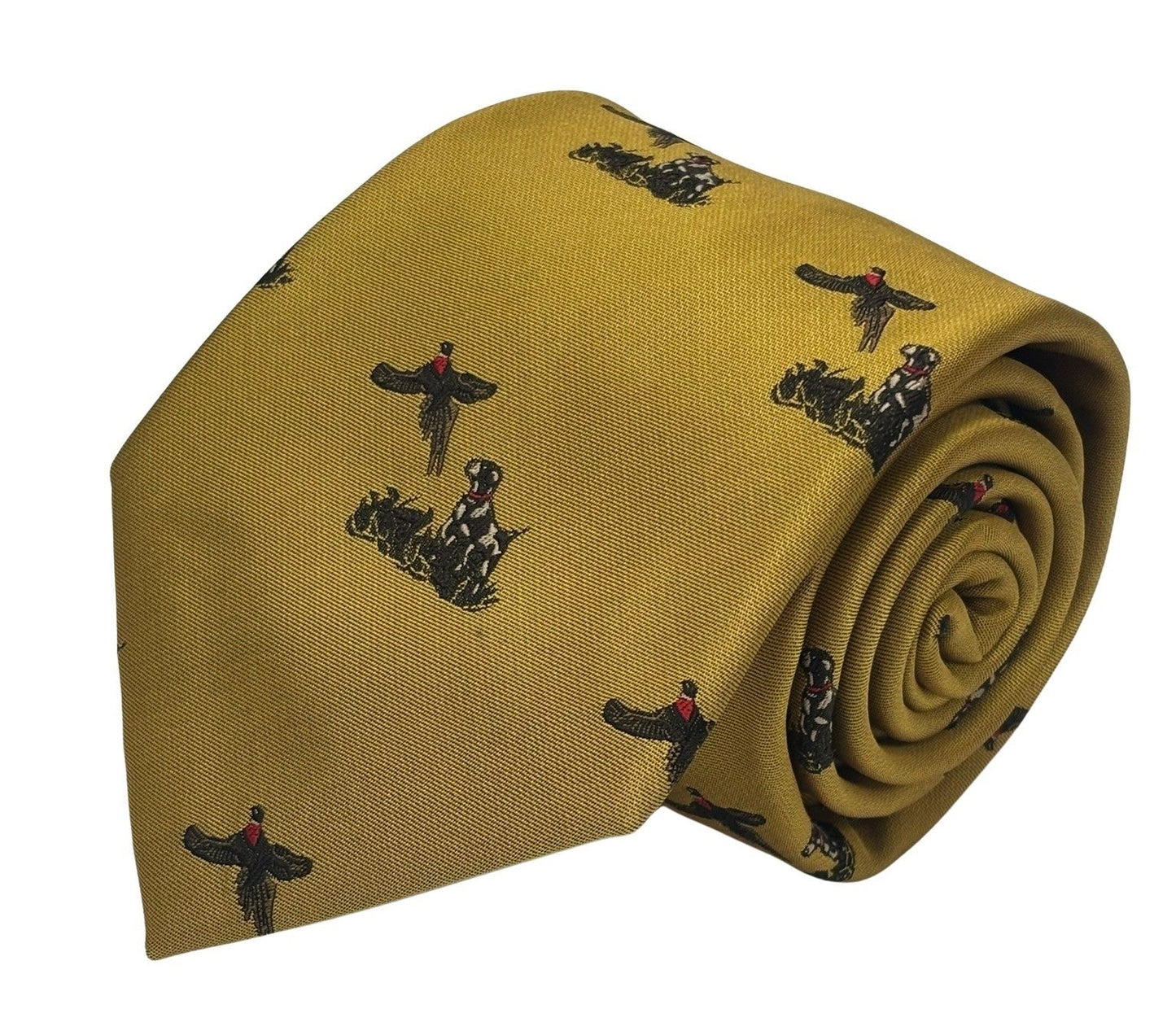 mustard tie with hunting dog and  pheasant design