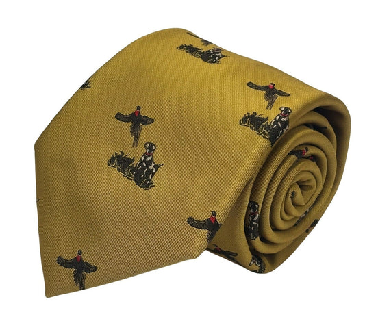 mustard tie with hunting dog and  pheasant design