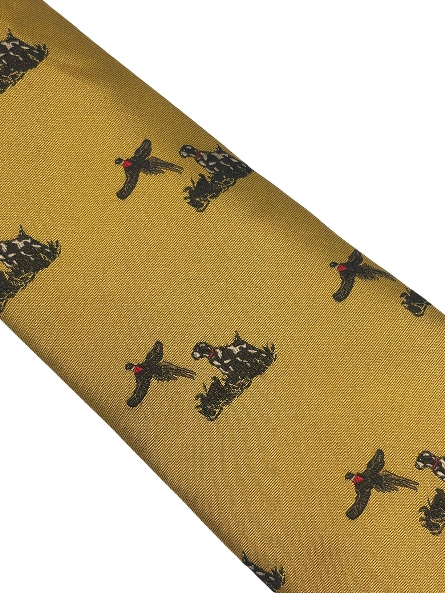 mustard tie with hunting dog and  pheasant design