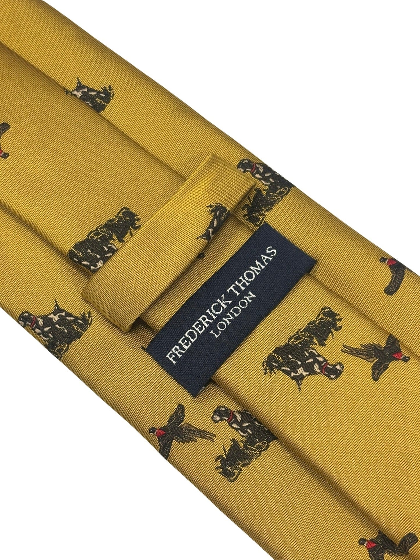 mustard tie with hunting dog and  pheasant design