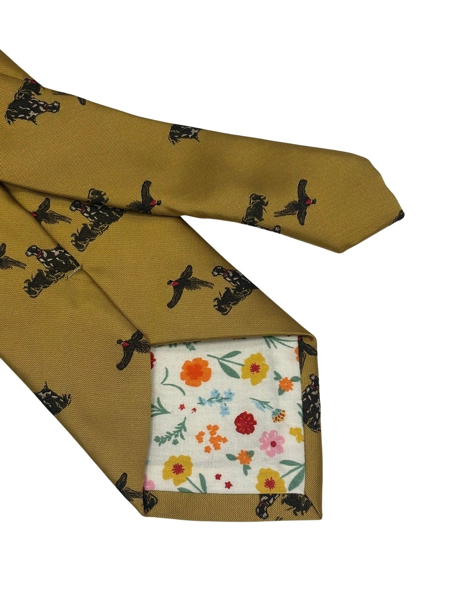 mustard tie with hunting dog and  pheasant design