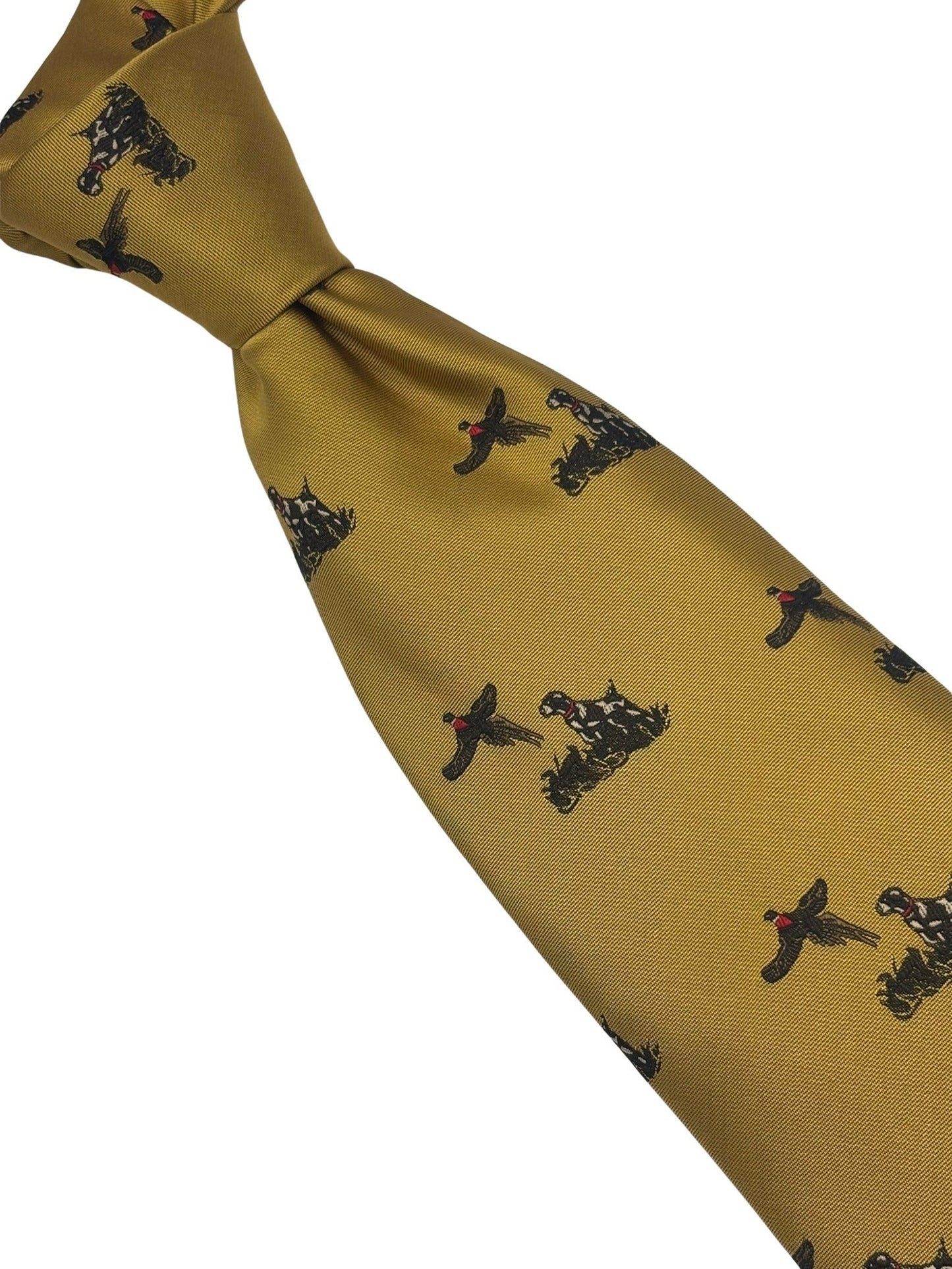 mustard tie with hunting dog and  pheasant design