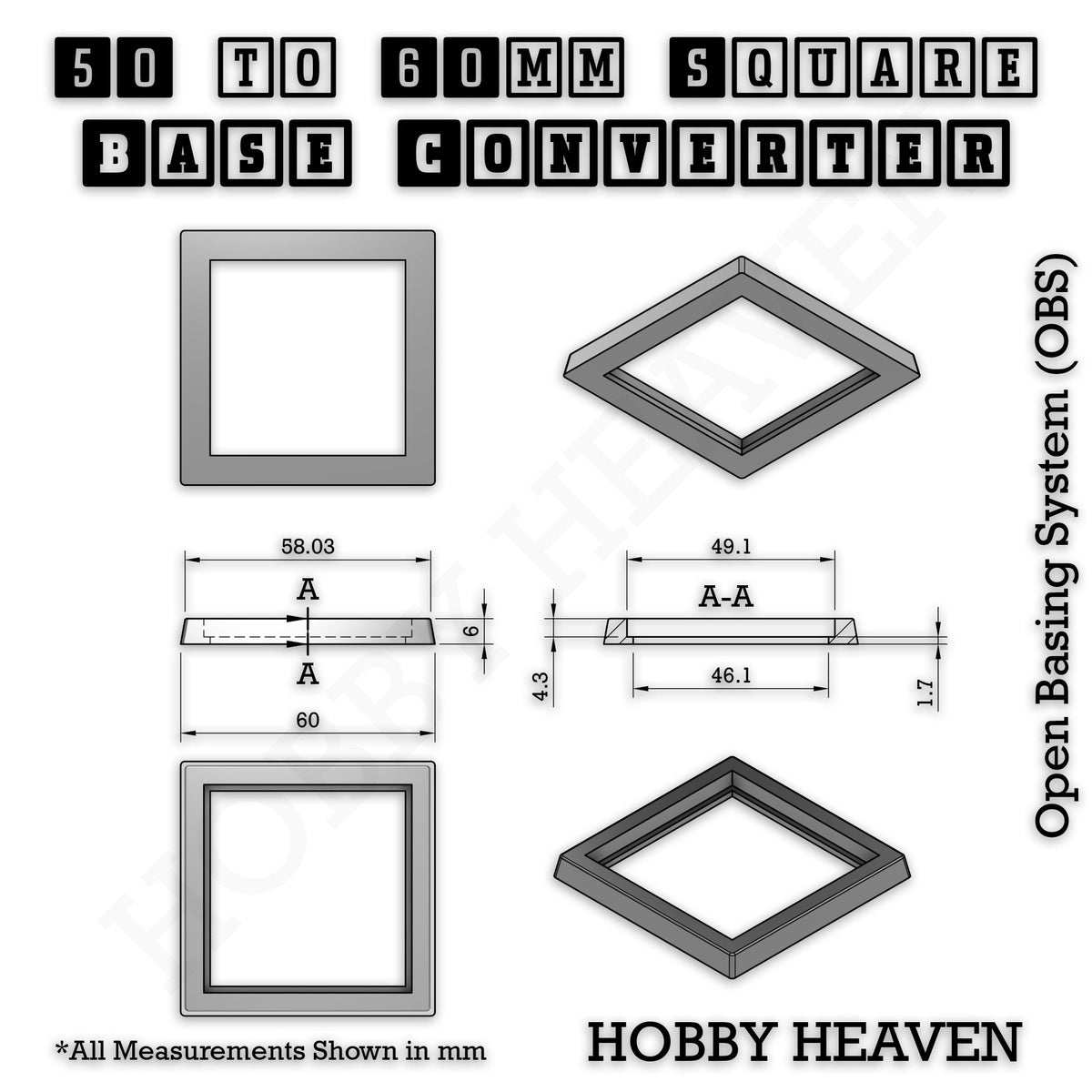 Square to Square Base Converters 3D Print Full Range