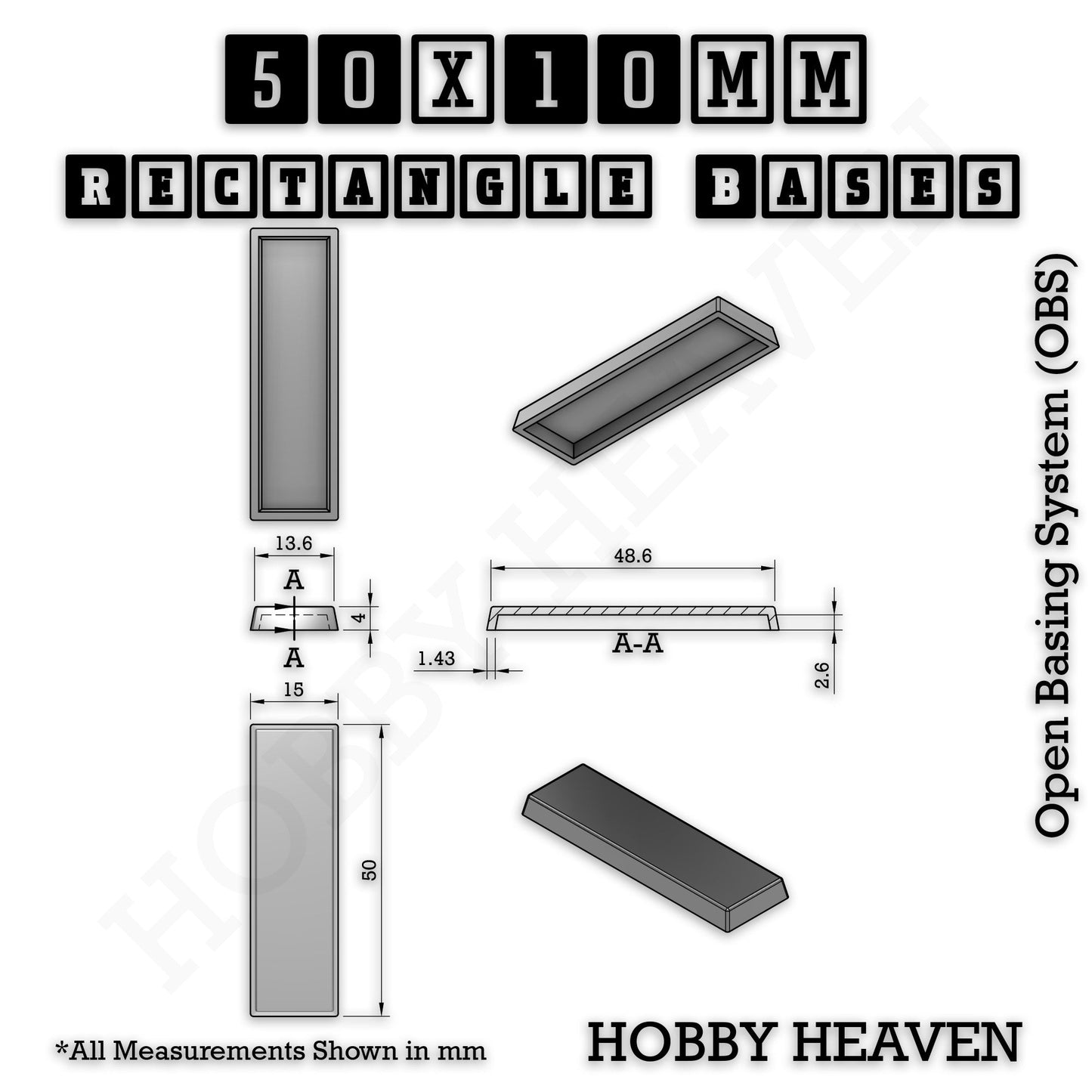 Rectangle Bases Medium Sizes - 75x30mm to 125x40mm and up to 100x90mm Wide - 3D Print Tabletop Games