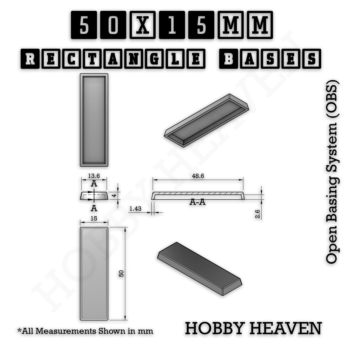 Rectangle Bases Small Sizes - 20x15mm to 75x25mm and up to 60x50mm Wide - 3D Print Tabletop Games