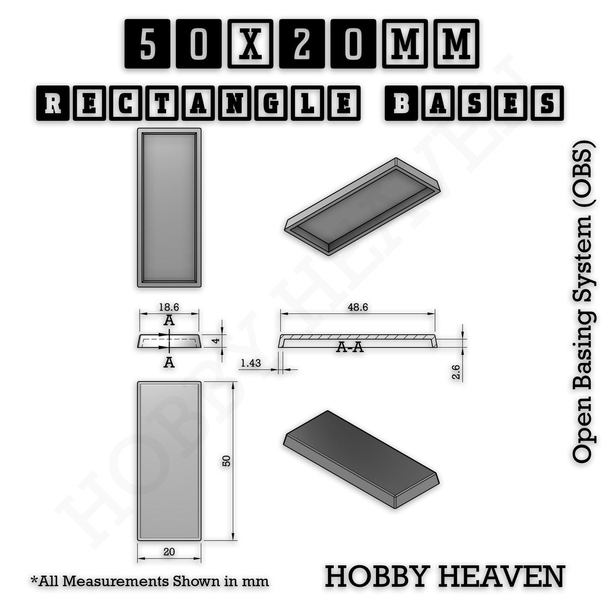 Rectangle Bases Small Sizes - 20x15mm to 75x25mm and up to 60x50mm Wide - 3D Print Tabletop Games