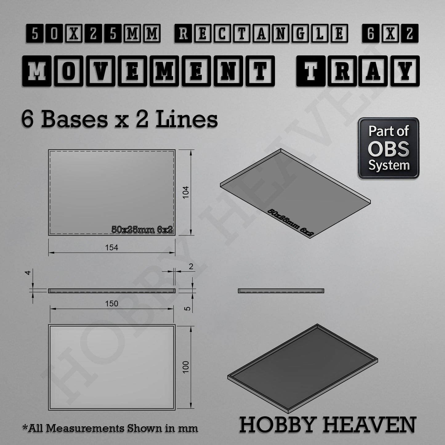 Rectangle Movement Trays | Cavalry & Monsters | 50×25-100×60mm | OBS System