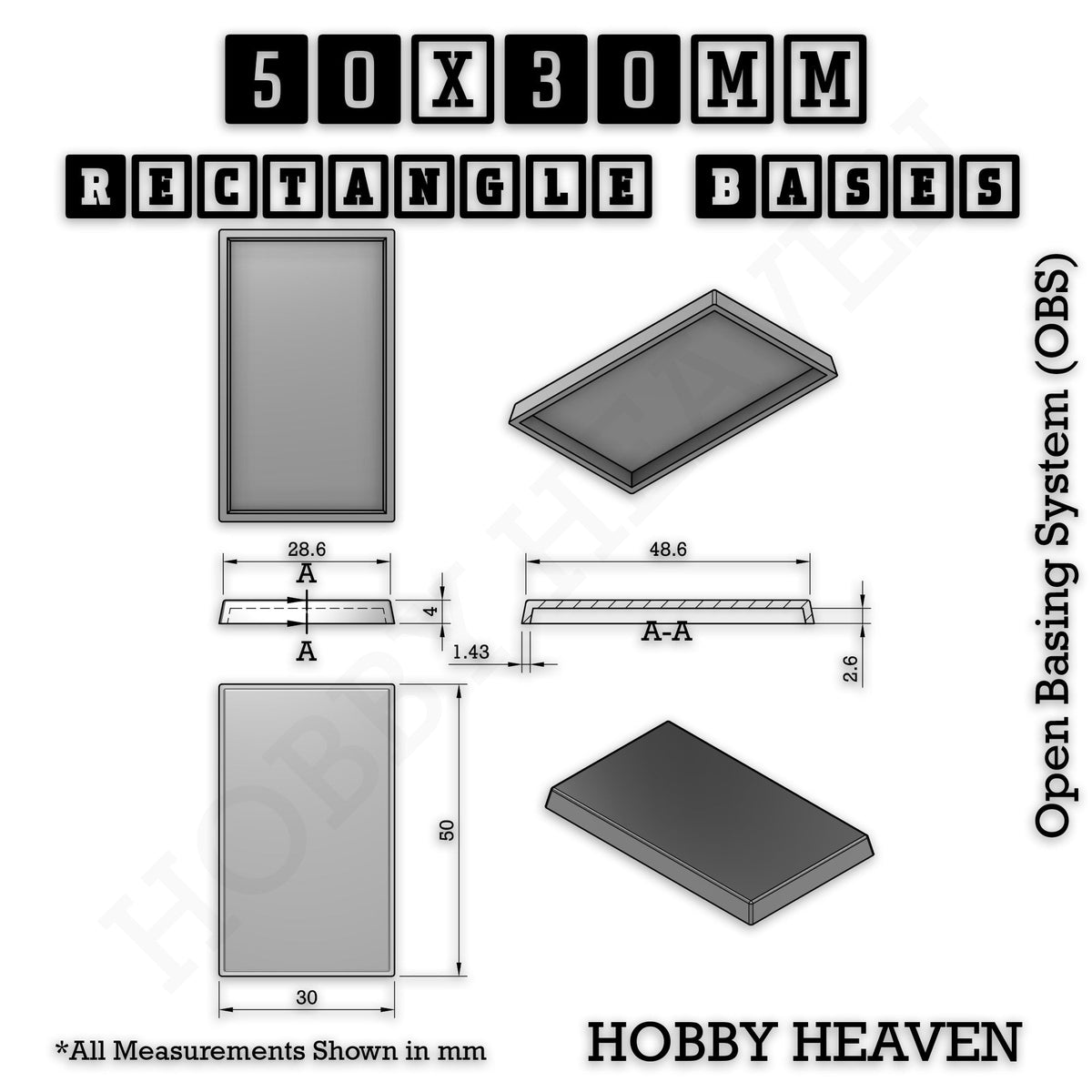 Rectangle Bases Medium Sizes - 75x30mm to 125x40mm and up to 100x90mm Wide - 3D Print Tabletop Games