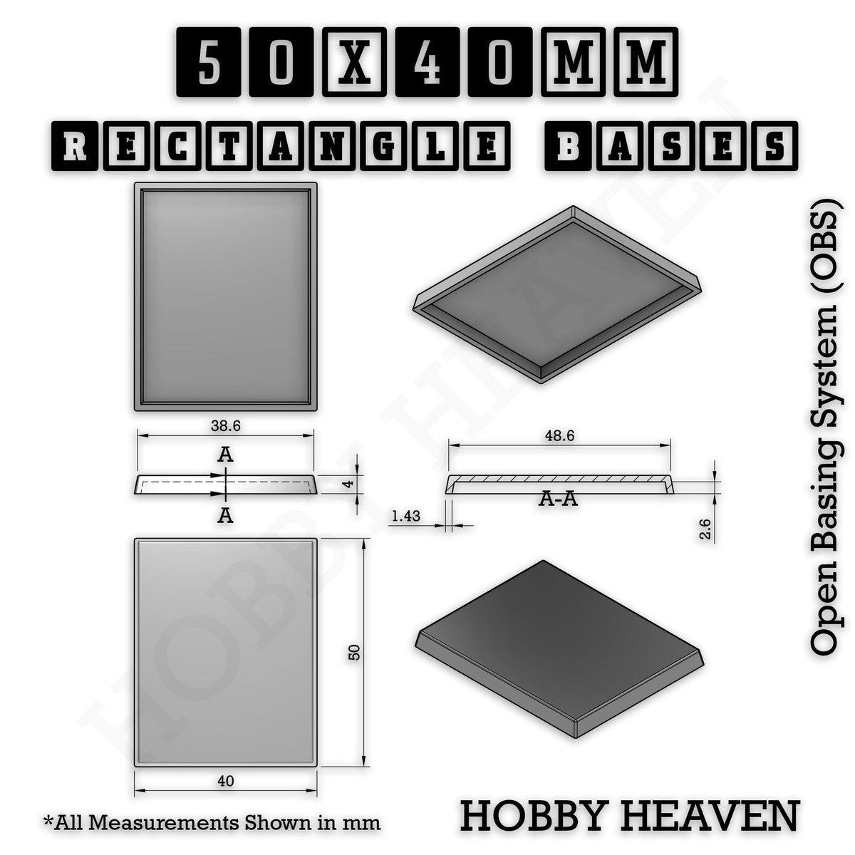 Rectangle Bases Medium Sizes - 75x30mm to 125x40mm and up to 100x90mm Wide - 3D Print Tabletop Games