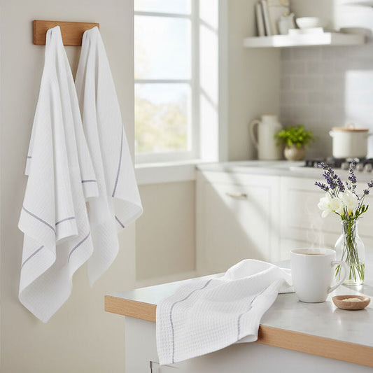 Doro Set Of 3 White and Grey Violet Waffle Tea Towels