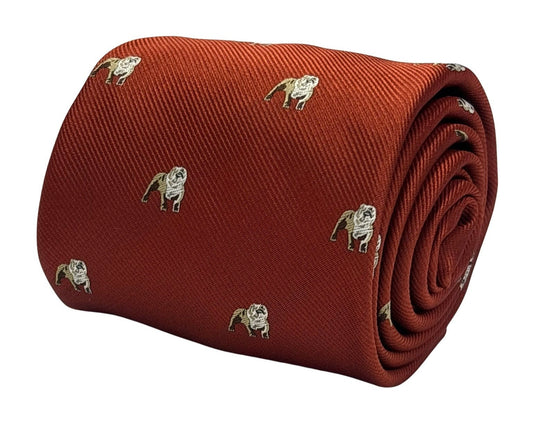 burnt orange red tie with embroidered british bulldog  design