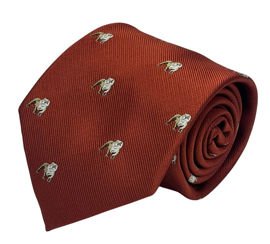 burnt orange red tie with embroidered british bulldog  design