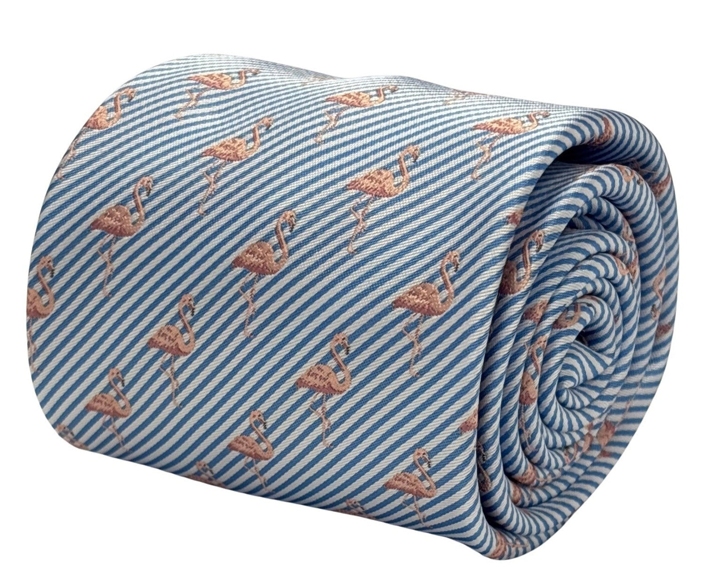 light blue and white pin striped tie with pink flamingo design