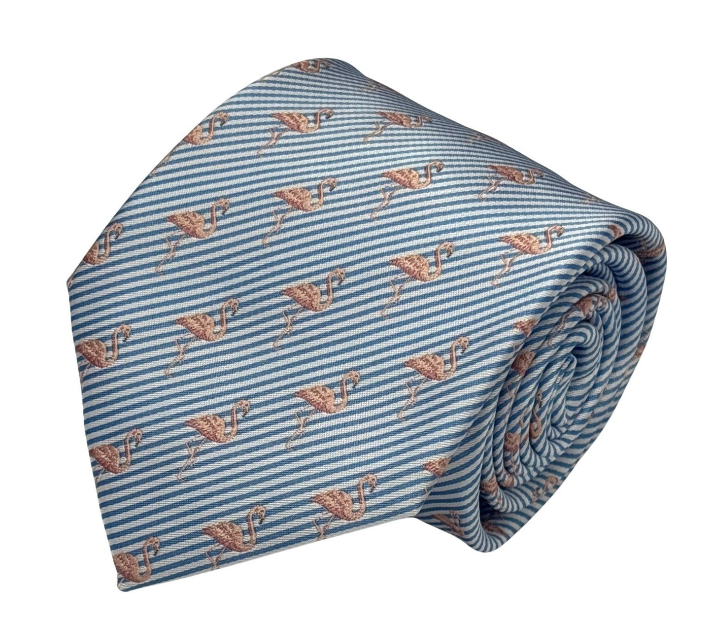 light blue and white pin striped tie with pink flamingo design