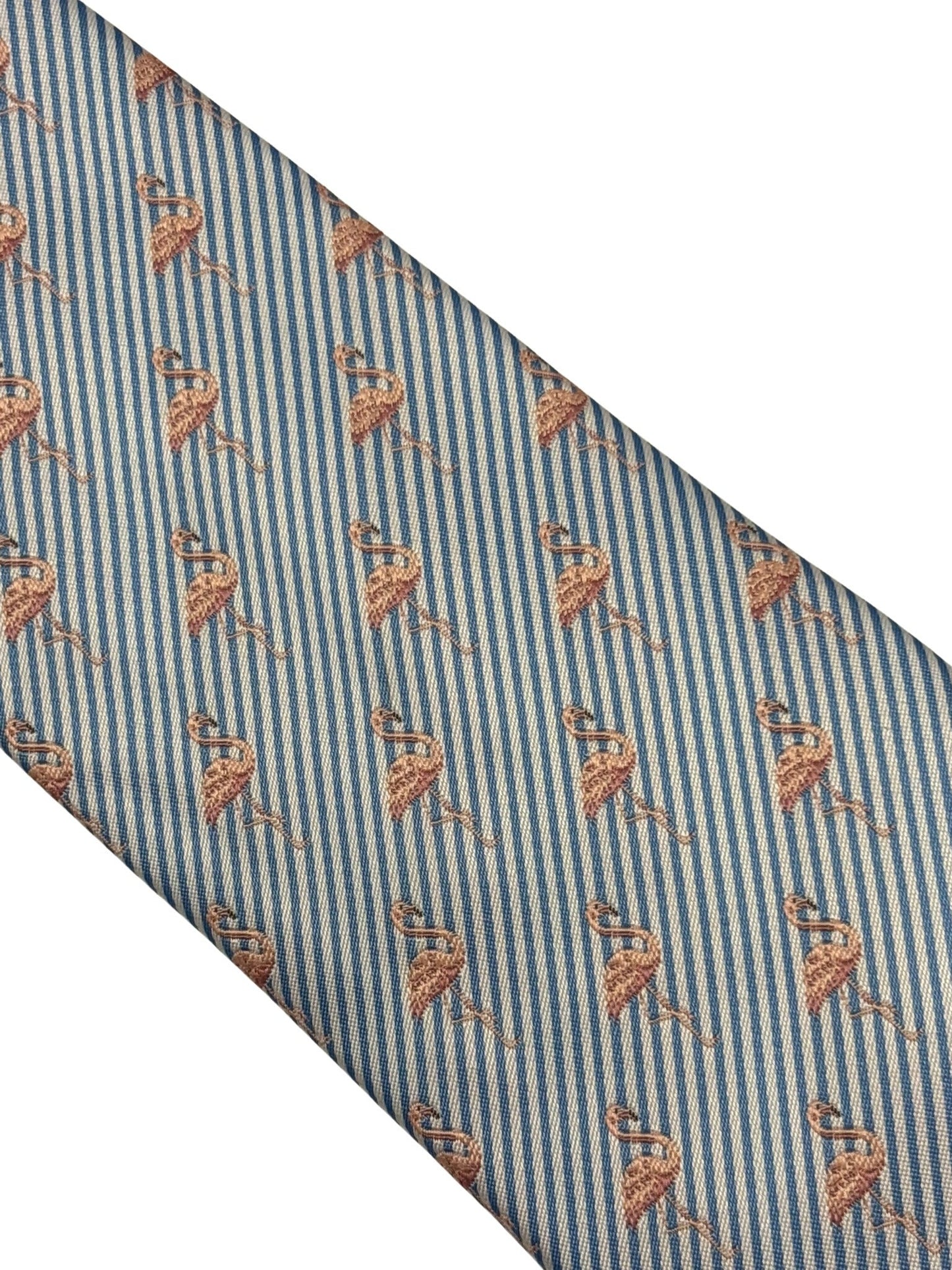 light blue and white pin striped tie with pink flamingo design
