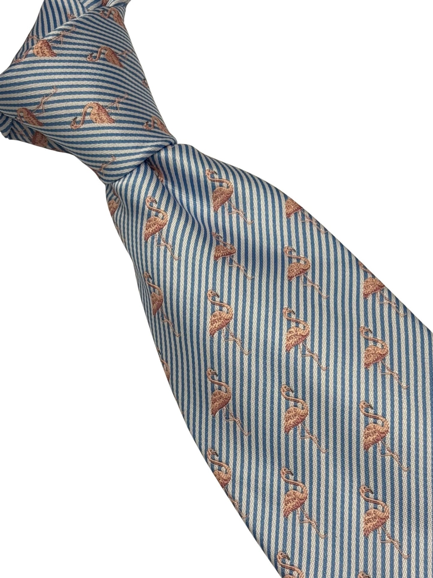 light blue and white pin striped tie with pink flamingo design