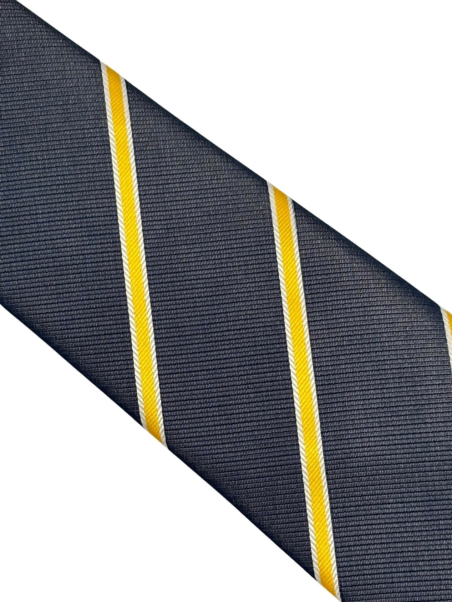 midnight grey blue tie with yellow and fine white club stripe