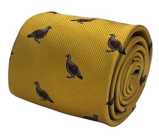 mustard  yellow tie with embroidered grouse design