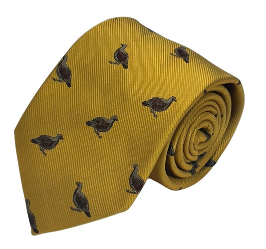 mustard  yellow tie with embroidered grouse design