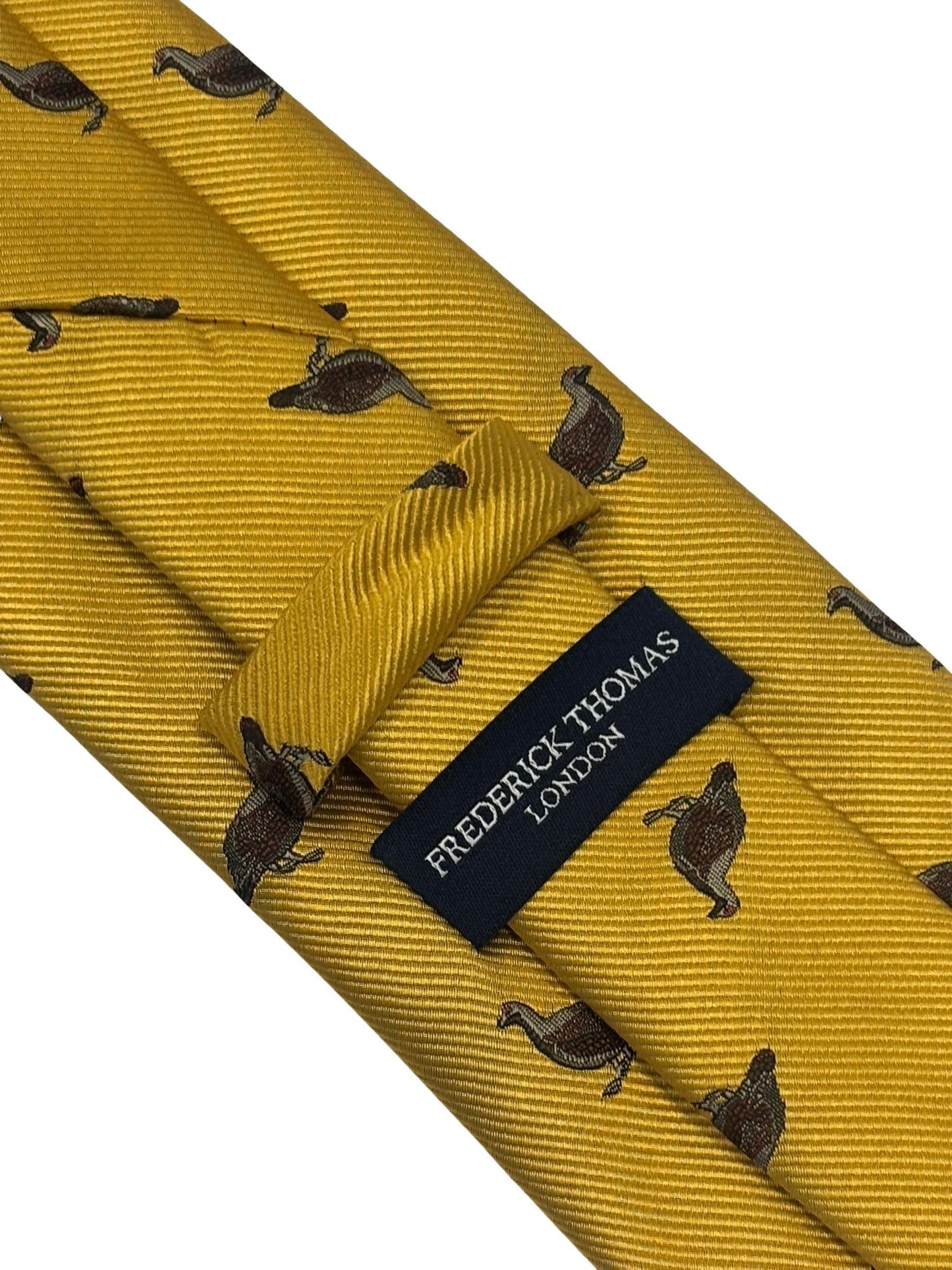 mustard  yellow tie with embroidered grouse design
