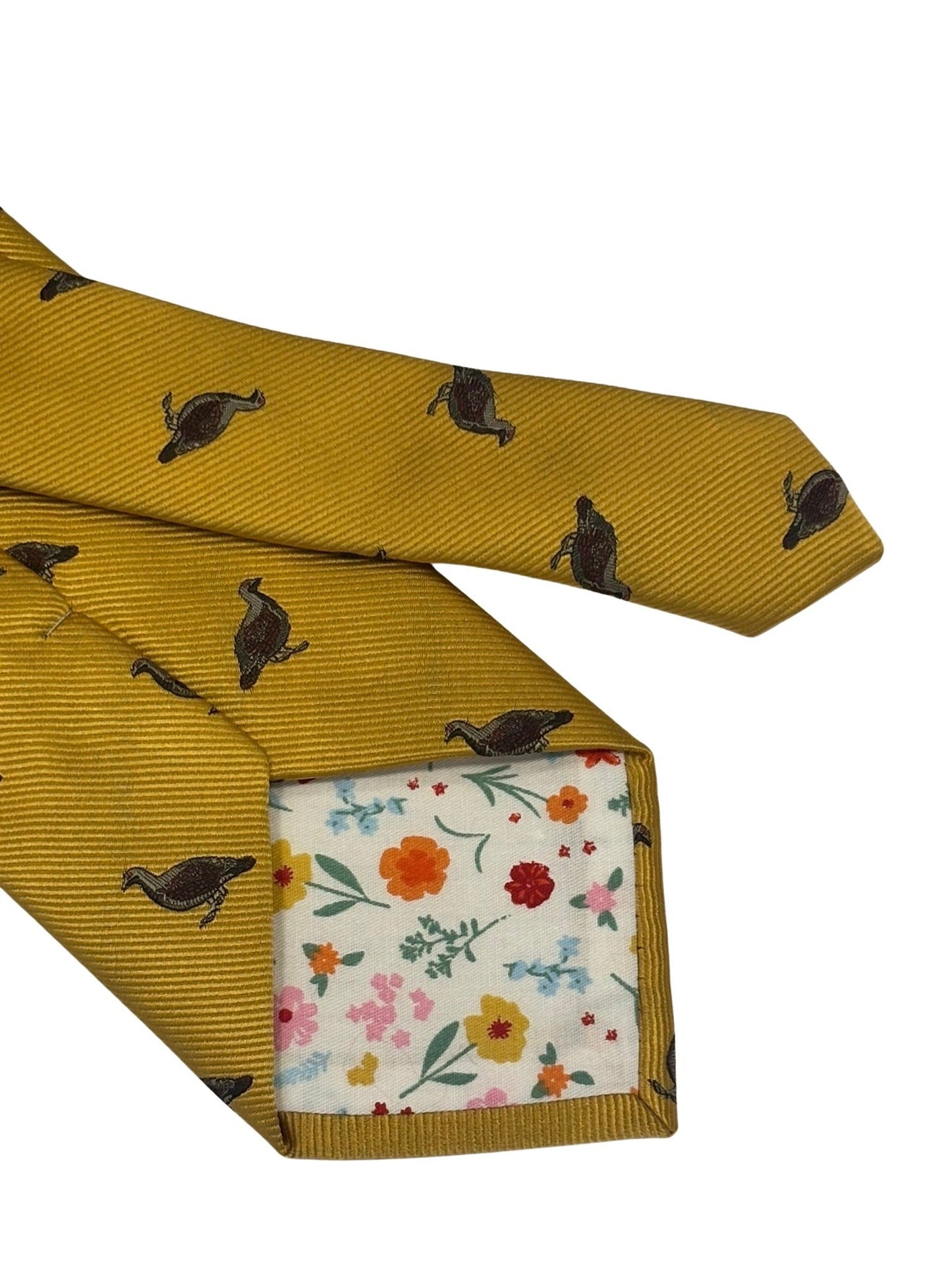 mustard  yellow tie with embroidered grouse design