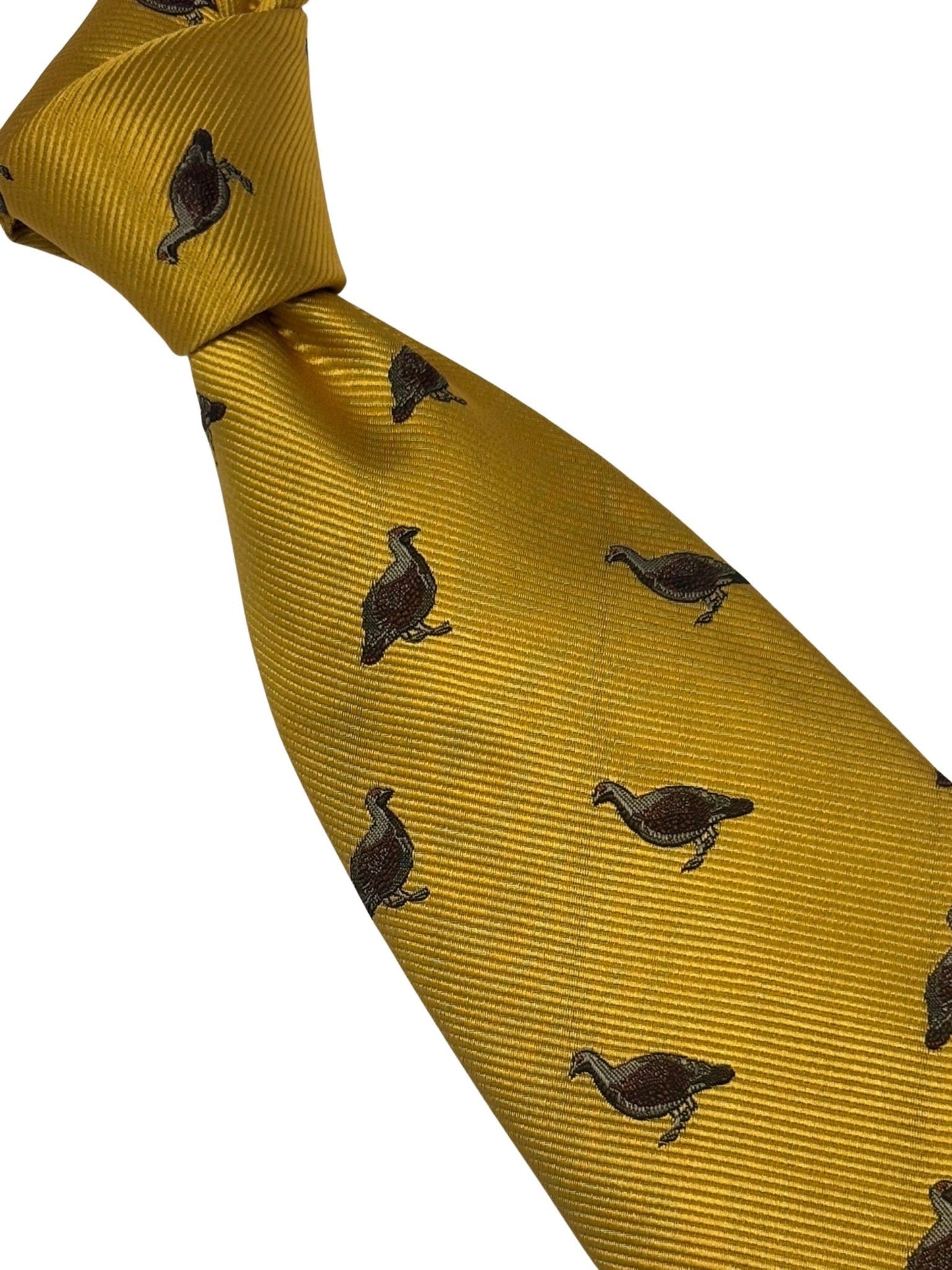 mustard  yellow tie with embroidered grouse design