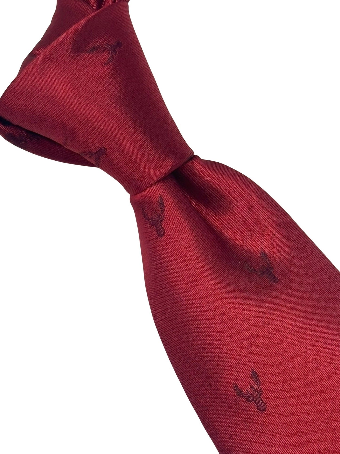 dark red tie with embroidered burgundy deer head design