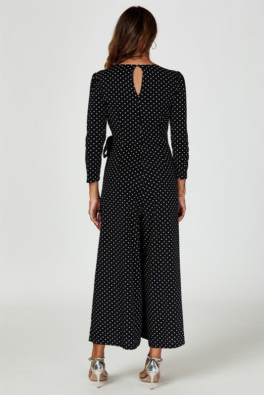 Dot Print Wrap Top Jersey Jumpsuit In Black
