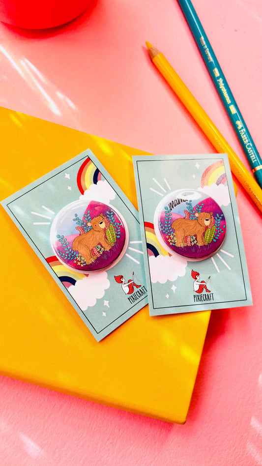 Brown Bear Illustrated Art Vibrant Pin Badge or Magnet- Multiple options available