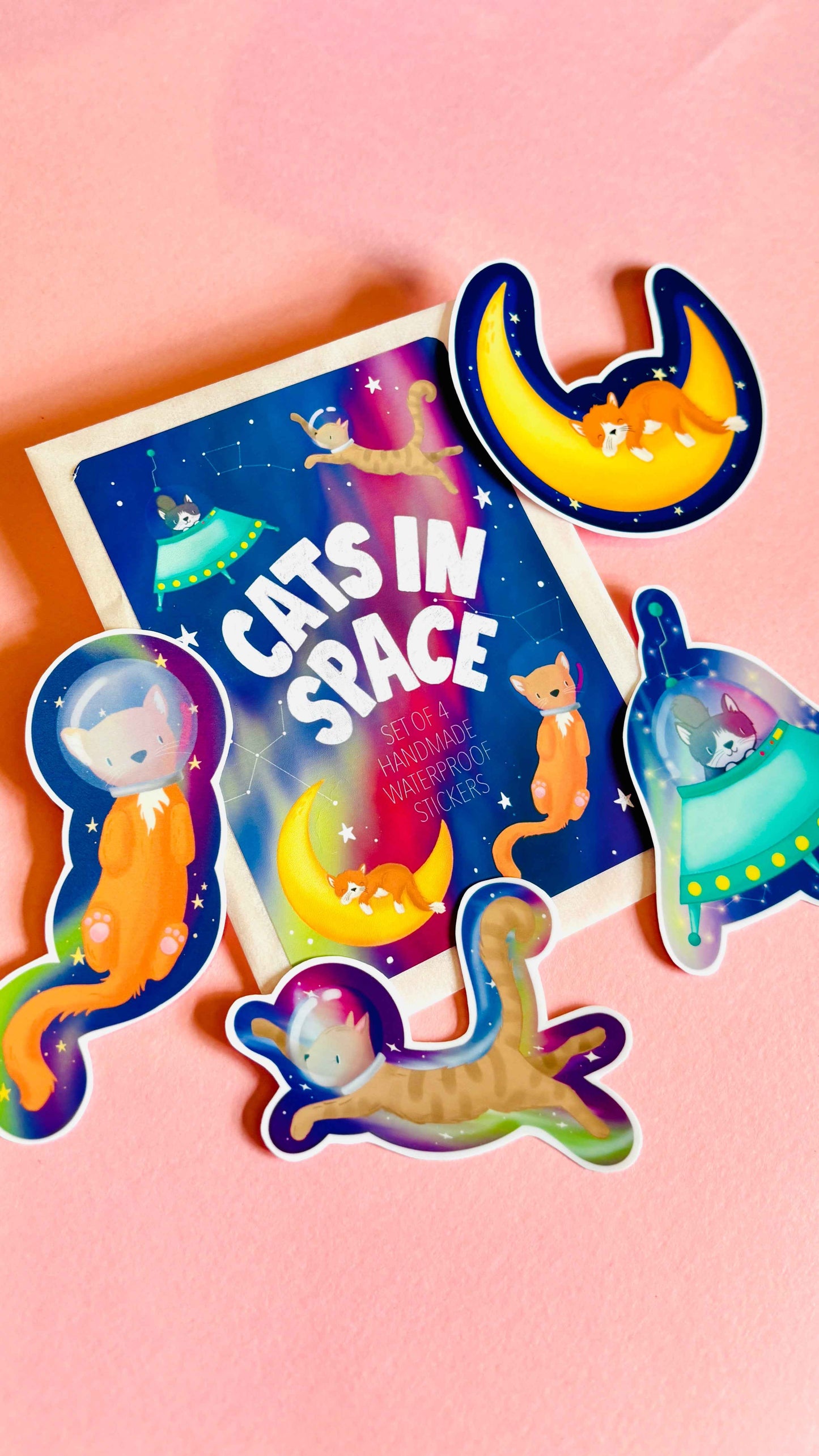 Space Cats Sticker Set- Handmade Set of 4 Waterproof Vinyl Stickers