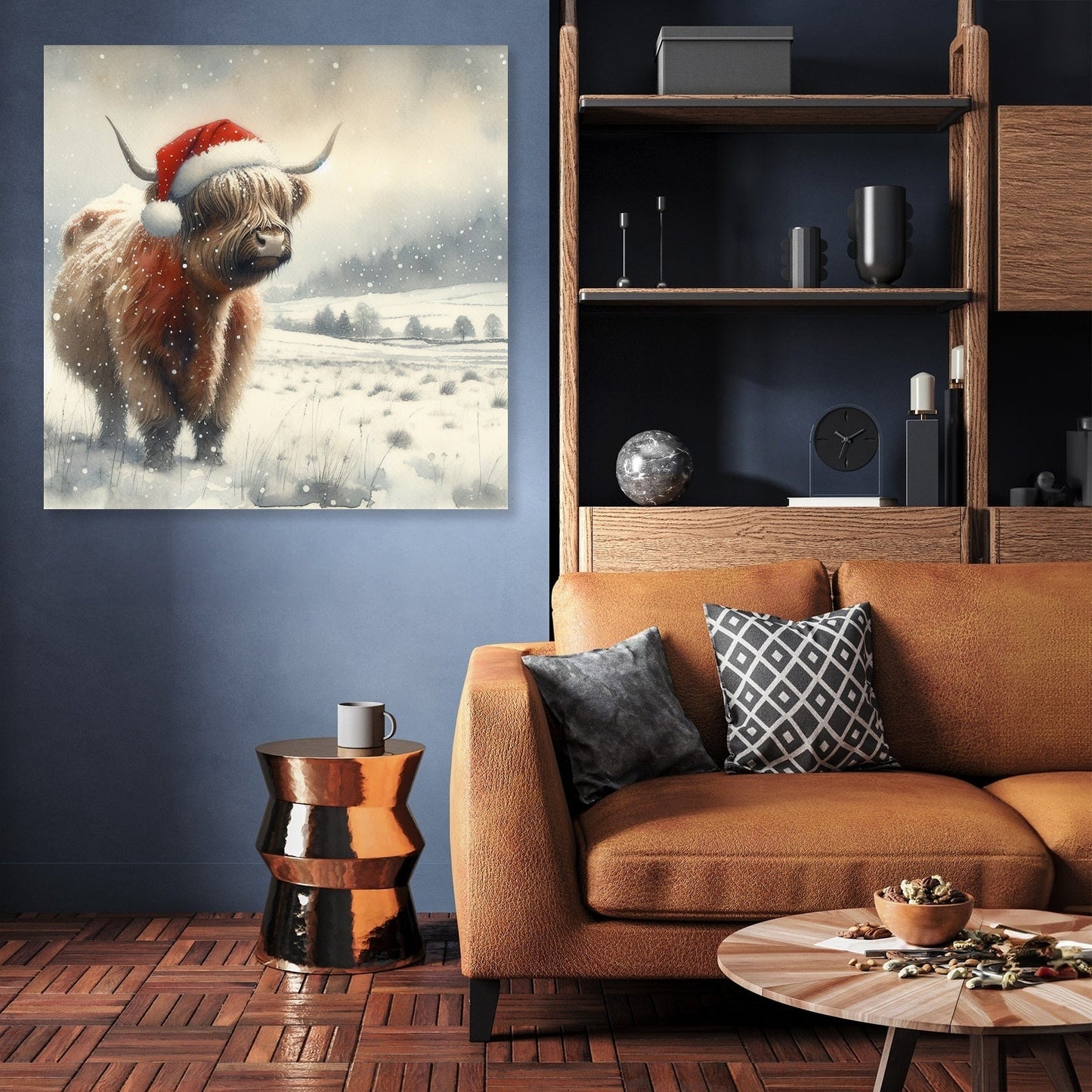 Highland Christmas Cow Watercolour Canvas
