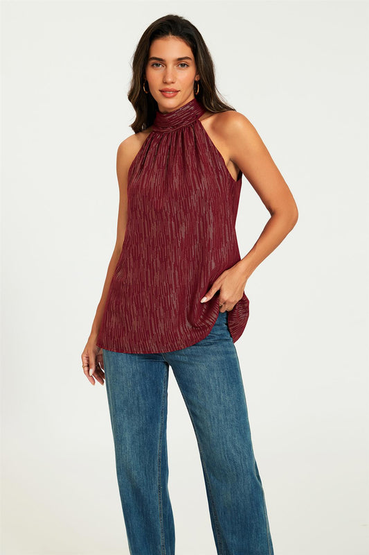 Gold Stripe Foil Halter Neck Tie Back Top In Wine