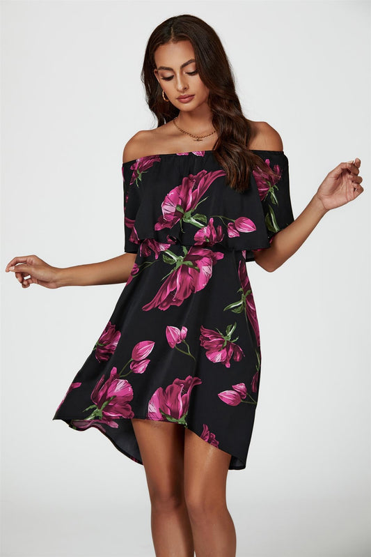 Pink Floral Print Bardot Frill Off Shoulder Mini Dress In Black