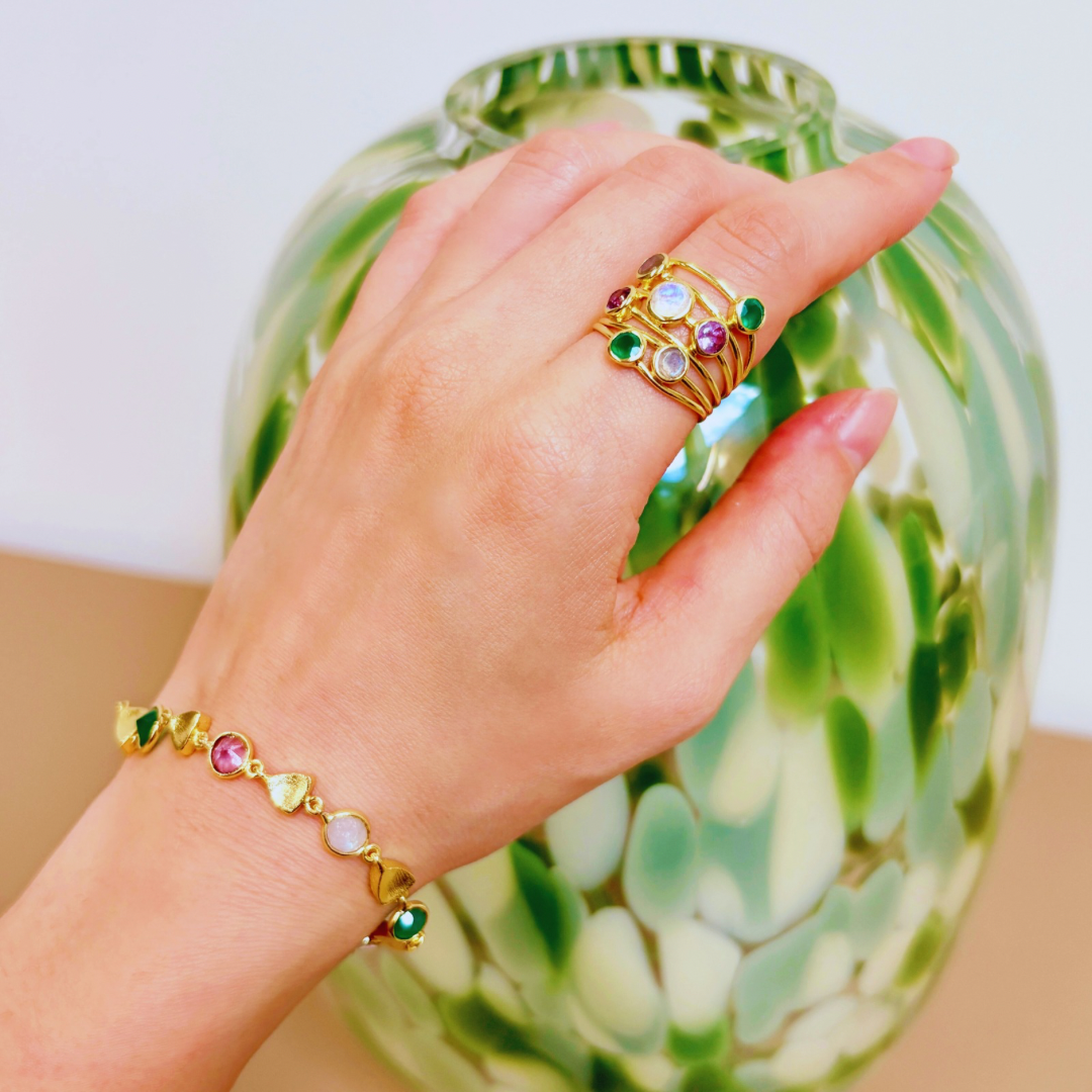 Gold Sara Mixed Gemstone Bracelet Green Onyx, Amethyst & Moonstone