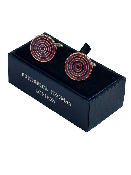 red and blue cufflinks in a  circular target design