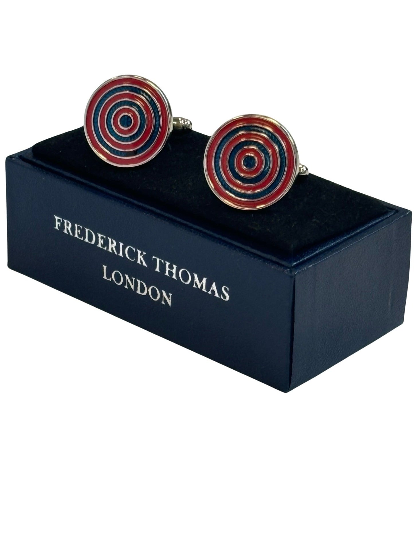 red and blue cufflinks in a  circular target design