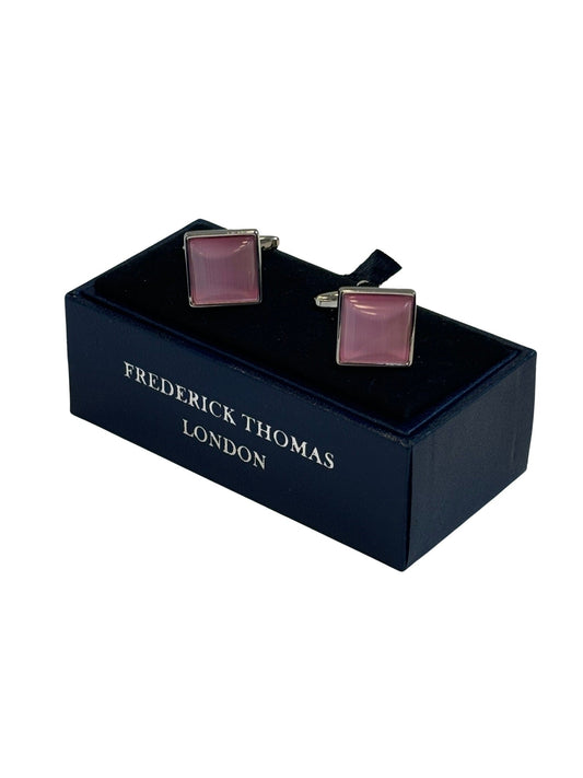 Classic silver square cufflinks with a  pale pink stone