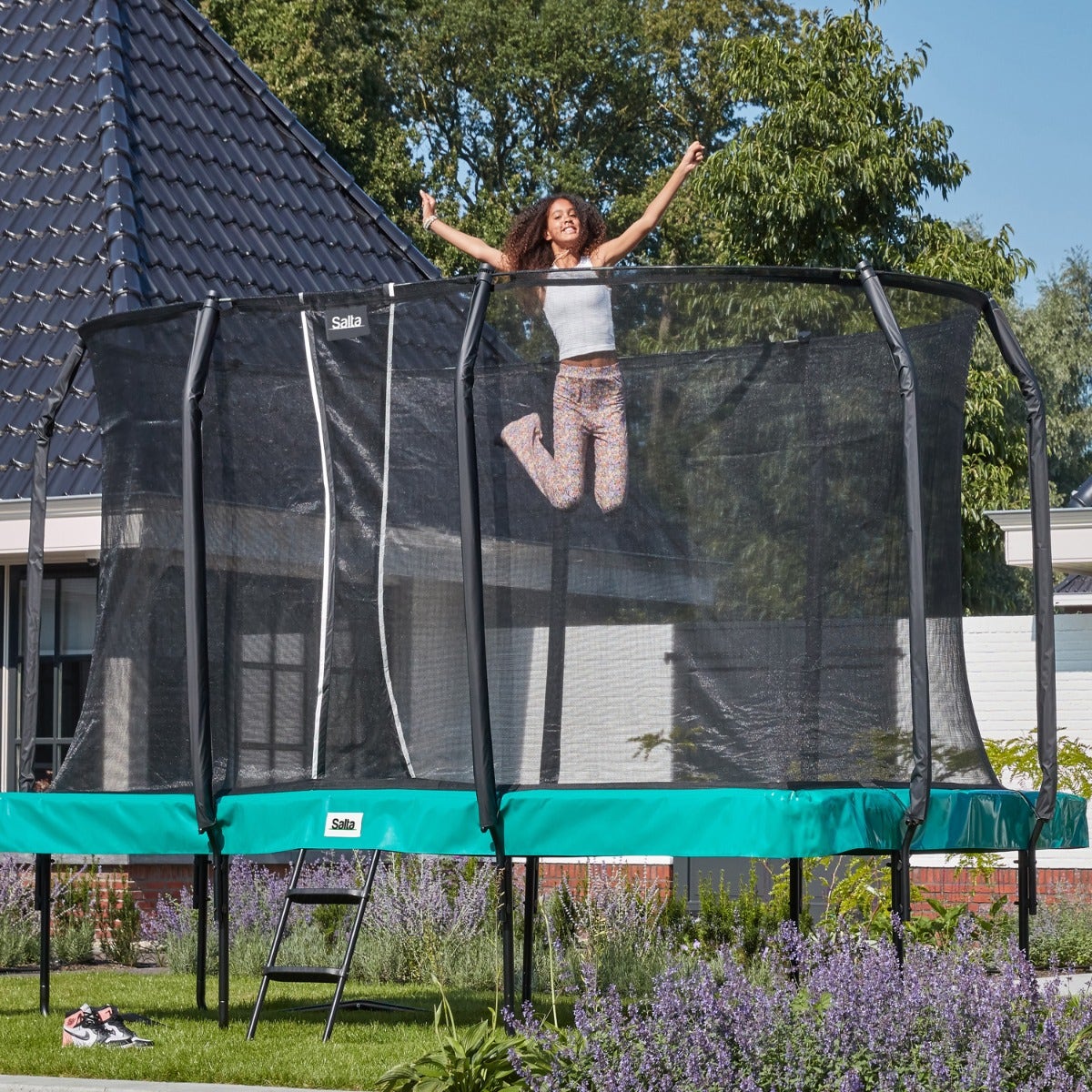 12ft x 7ft Salta Green Rectangular First Class Trampoline with Enclosure