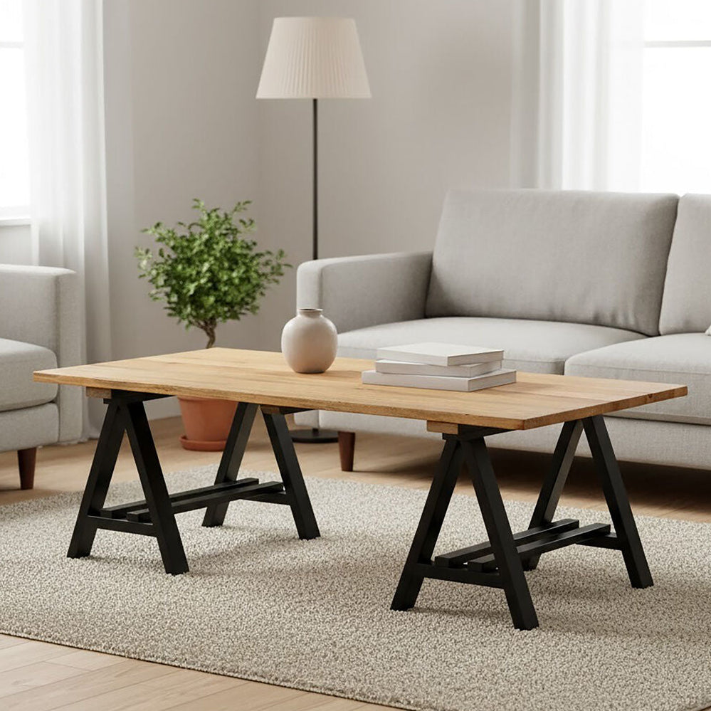 Natural Rectangular Pine Wood Coffee Table with Black Metal A-Frame Legs, Hampstead