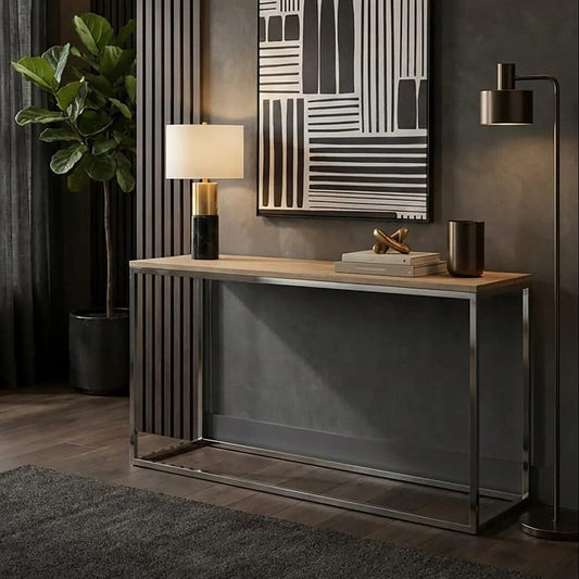 Natural Oak Wood Top Console Table with Stainless Steel Frame, Hampstead