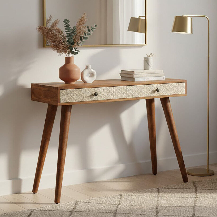 Natural Acacia Wood Console Table with Silver Metal Drawer Fronts | Boho