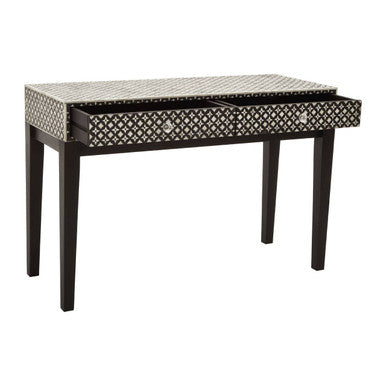 Black and White Mother of Pearl Inlay Wooden Console Table with 2 Drawers, Boho