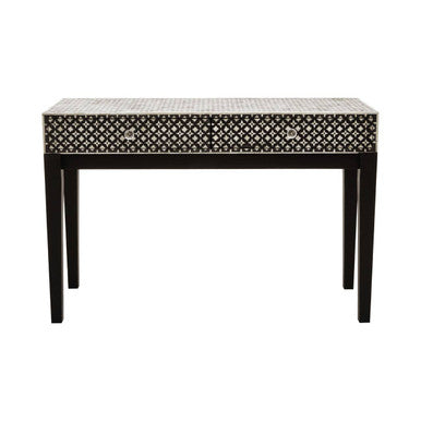 Black and White Mother of Pearl Inlay Wooden Console Table with 2 Drawers, Boho