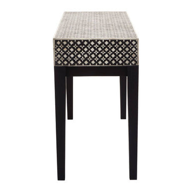 Black and White Mother of Pearl Inlay Wooden Console Table with 2 Drawers, Boho