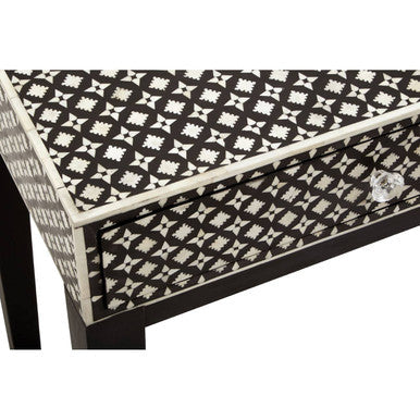 Black and White Mother of Pearl Inlay Wooden Console Table with 2 Drawers, Boho