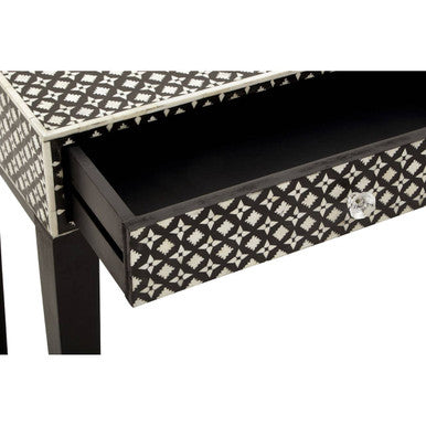 Black and White Mother of Pearl Inlay Wooden Console Table with 2 Drawers, Boho