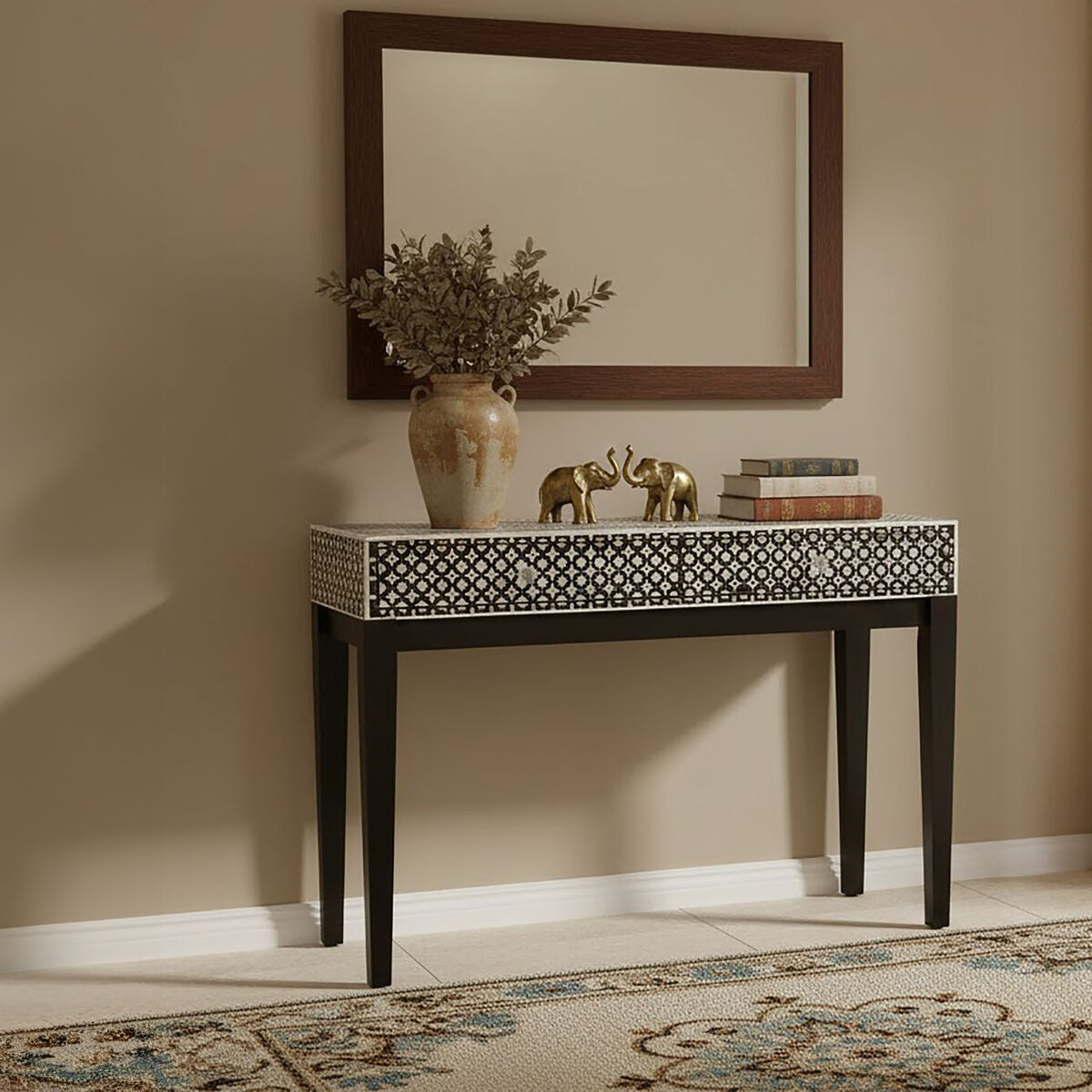 Black and White Mother of Pearl Inlay Wooden Console Table with 2 Drawers, Boho