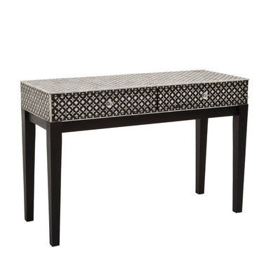 Black and White Mother of Pearl Inlay Wooden Console Table with 2 Drawers, Boho
